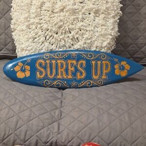The Beachcombers Blue Painted Wood Carved "Surf's Up" Decorative Wall Sign